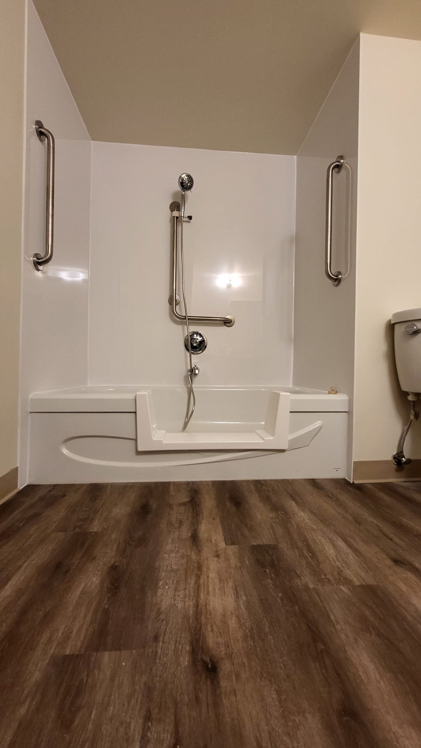 Accessible bathtub with mounted grab bars and handheld showerhead