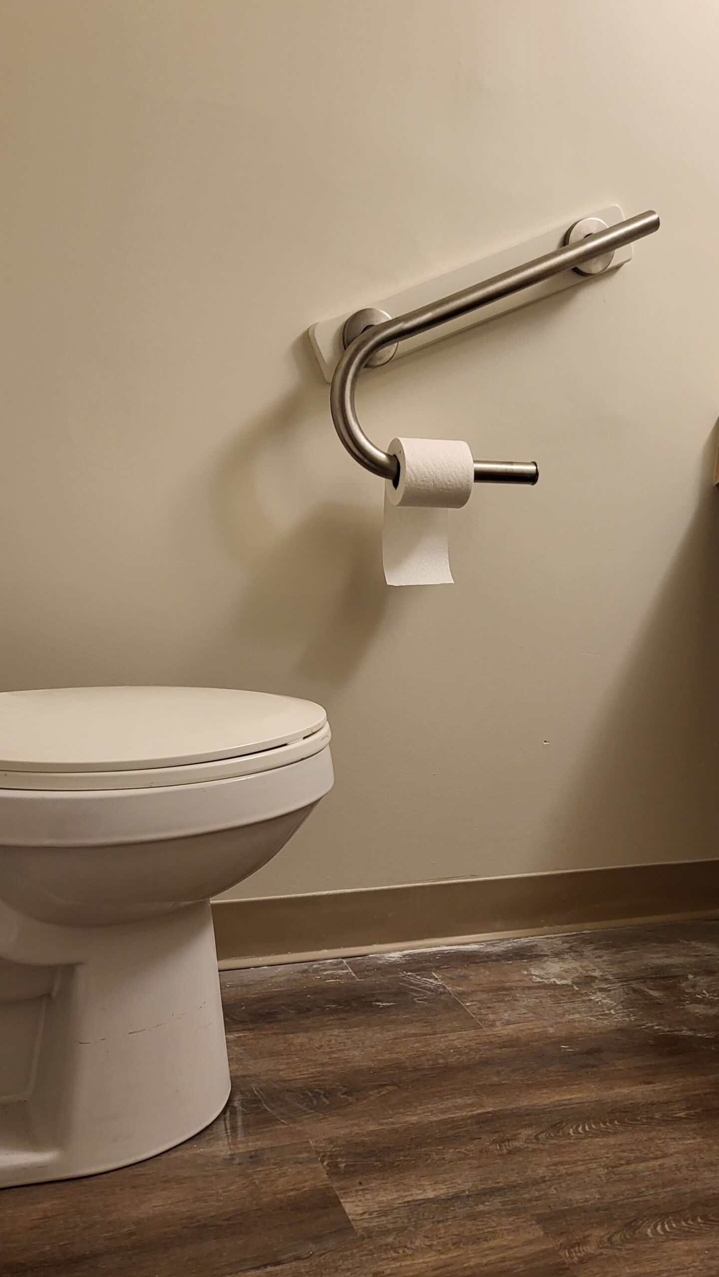 Accessible toilet with grab bar and mounted toilet paper holder