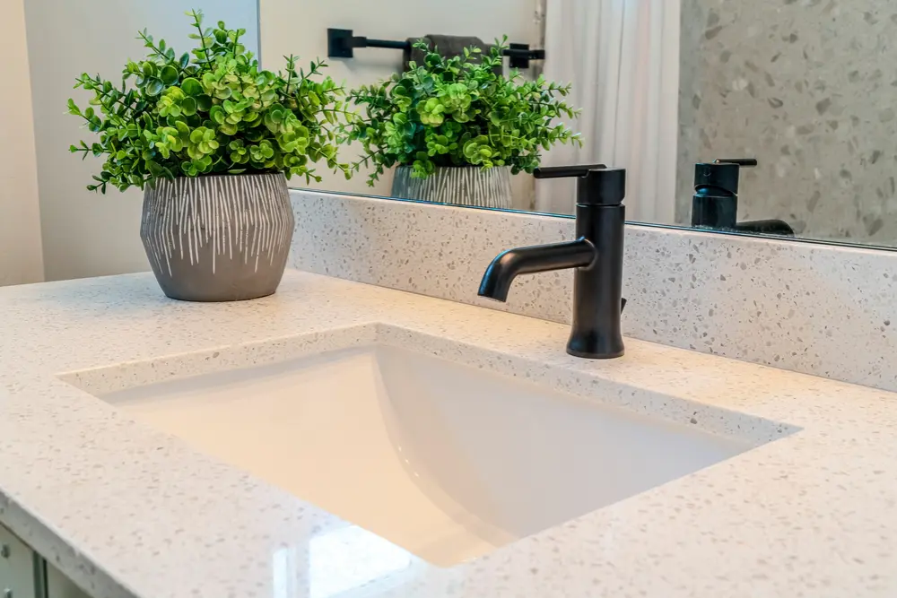 Modern bathroom sink with black matte faucet and decorative plant on quartz countertop