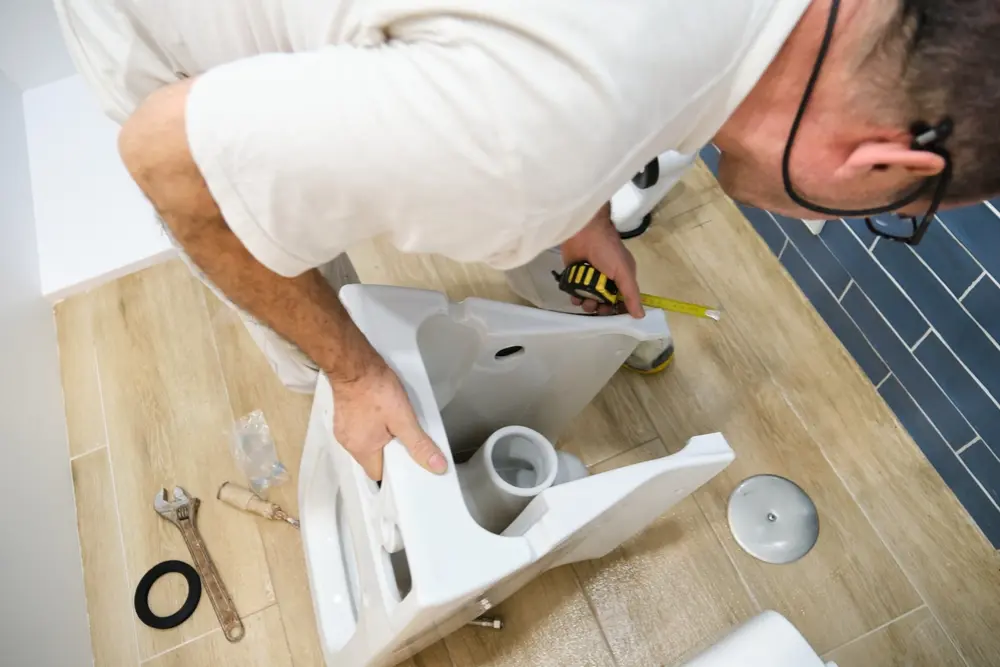 Plumber measuring floor space before installing toilet base