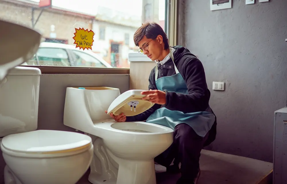 Man examining toilet seat in a showroom with various toilet models