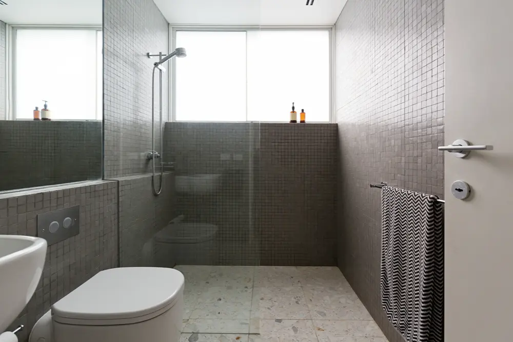 Minimalist bathroom with walk-in shower, gray mosaic tiles, and terrazzo flooring