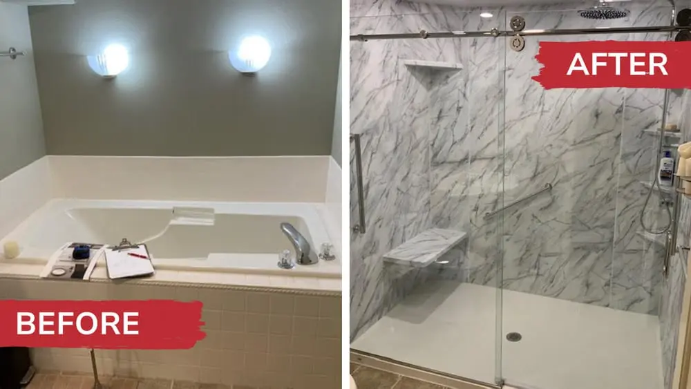 Bathroom remodel showing a tub-to-shower conversion with marble-look wall panels and glass enclosure