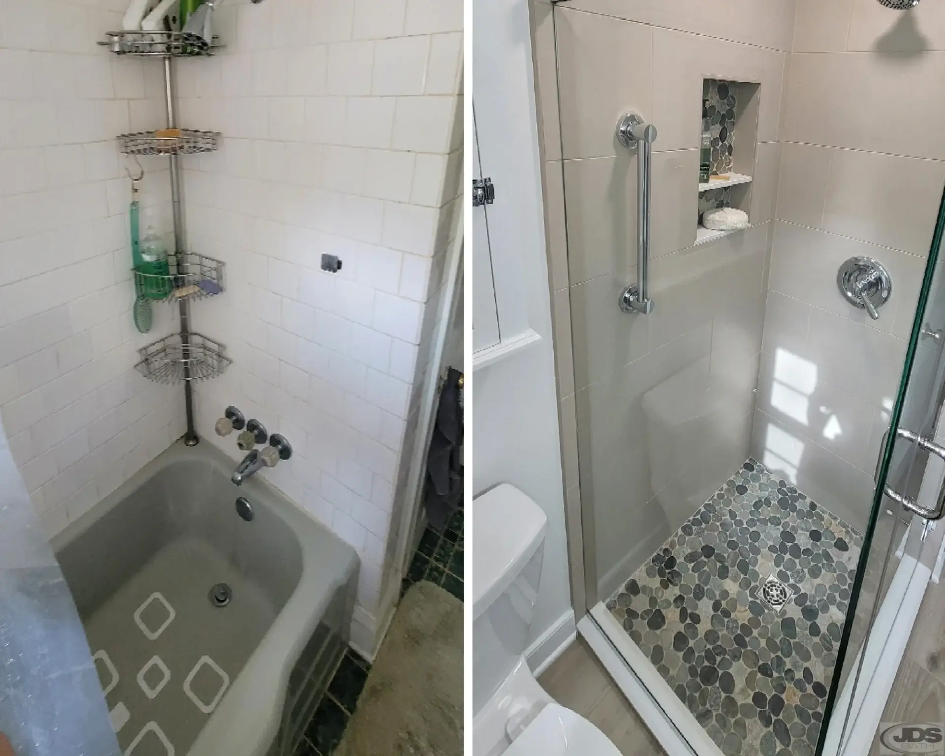 Before and after image showing a small bathroom remodel with an old tub replaced by a modern walk-in shower