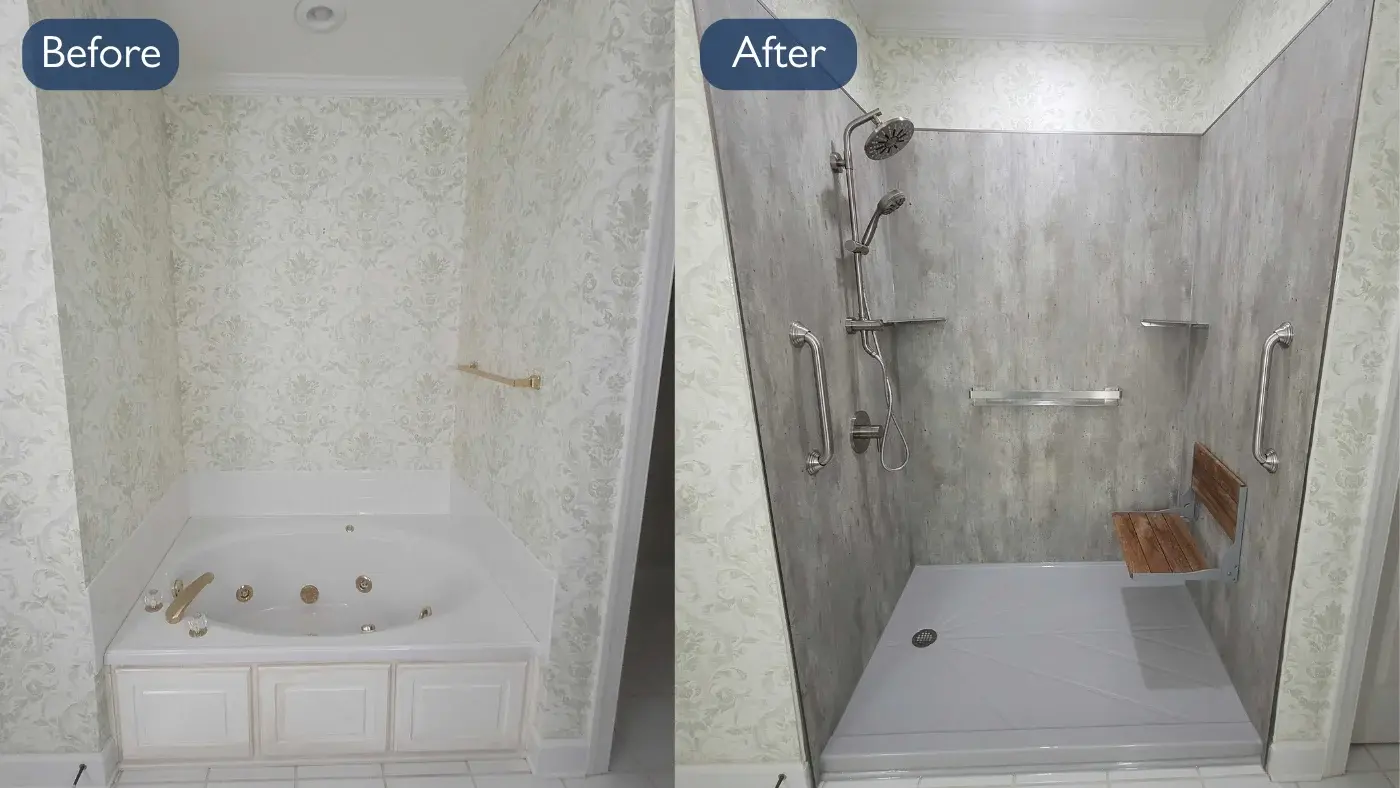 Side-by-side comparison of a bathroom before and after a tub-to-shower conversion with accessibility features