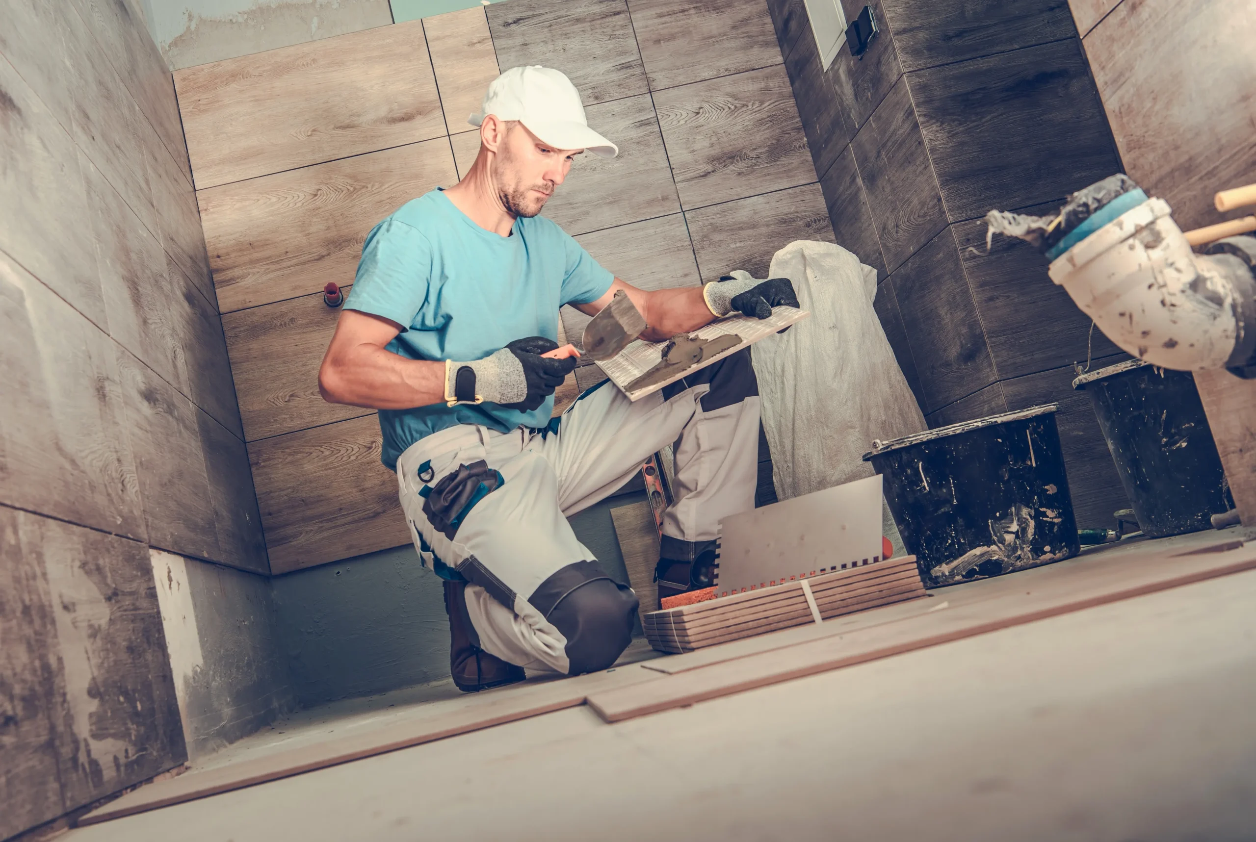 Contractor applying adhesive to a tile before wall installation in a bathroom renovation.