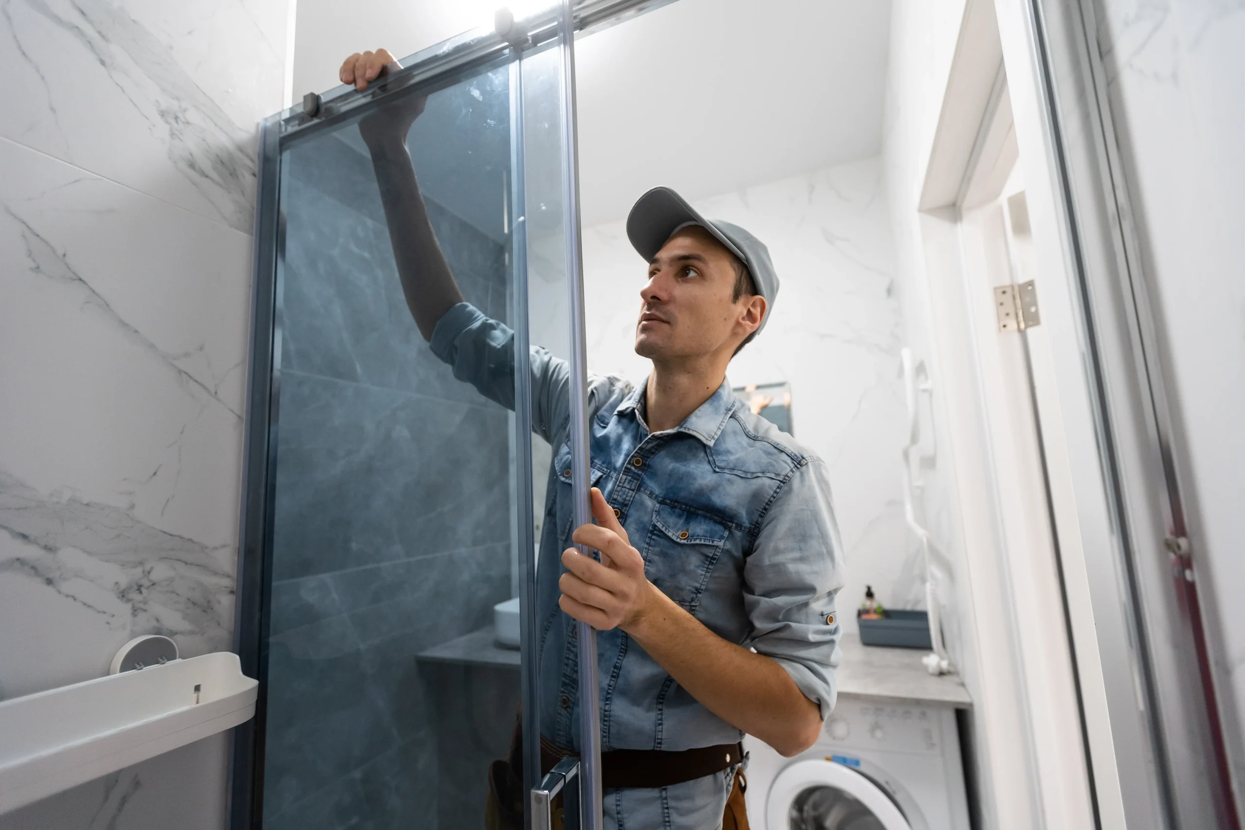 Man installing a glass shower door in a modern bathroom